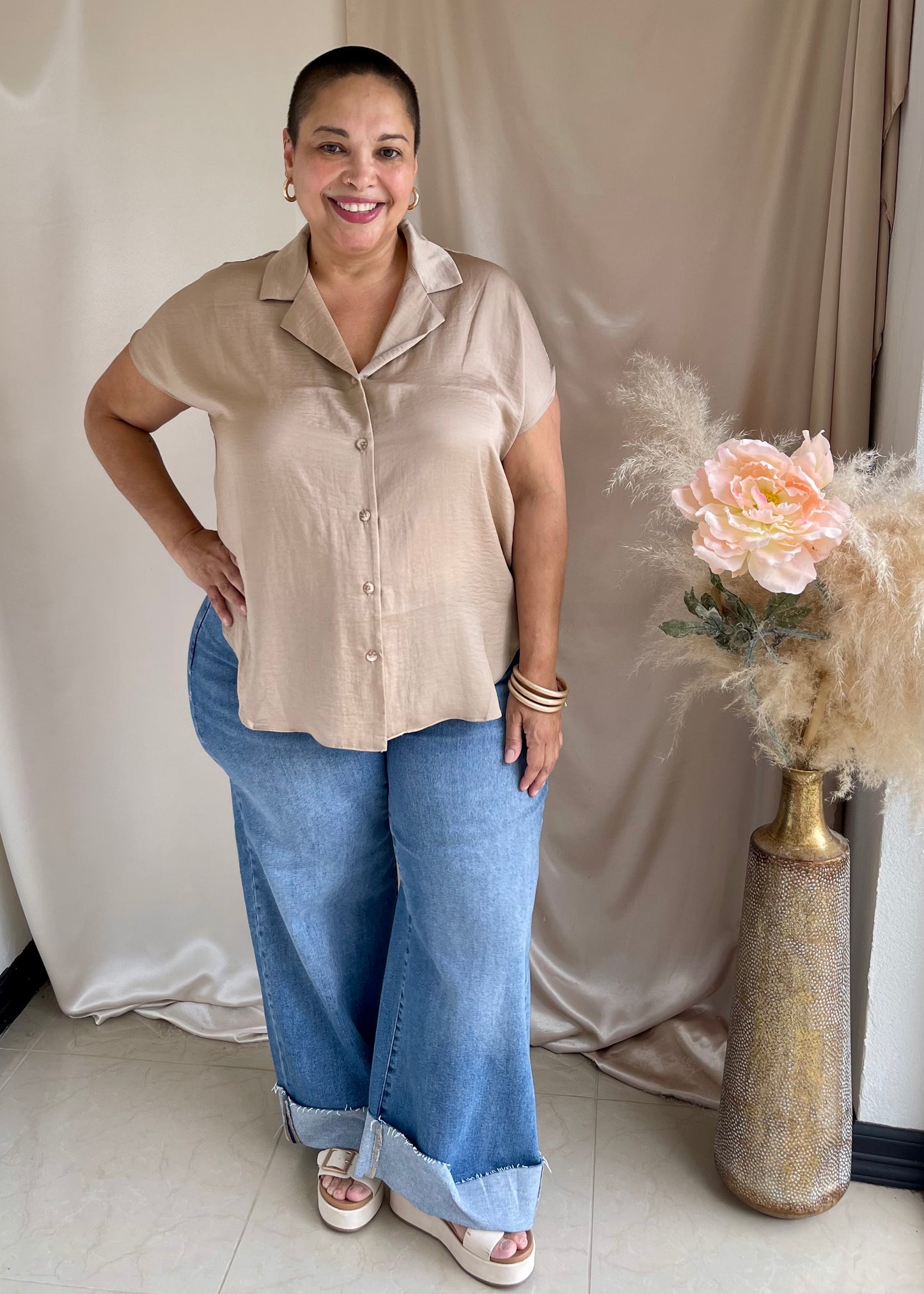 The Sofia Silky Button-Up- Taupe