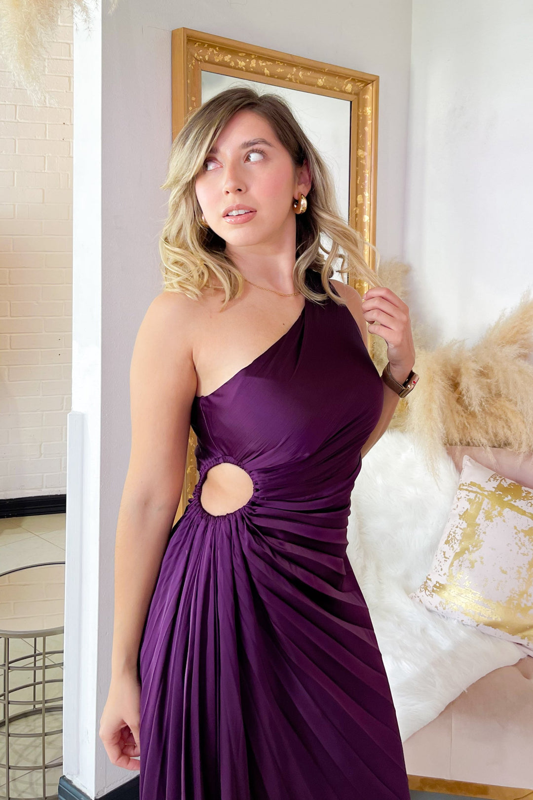 Isn't She Lovely One-Shoulder Pleated Dress - Eggplant