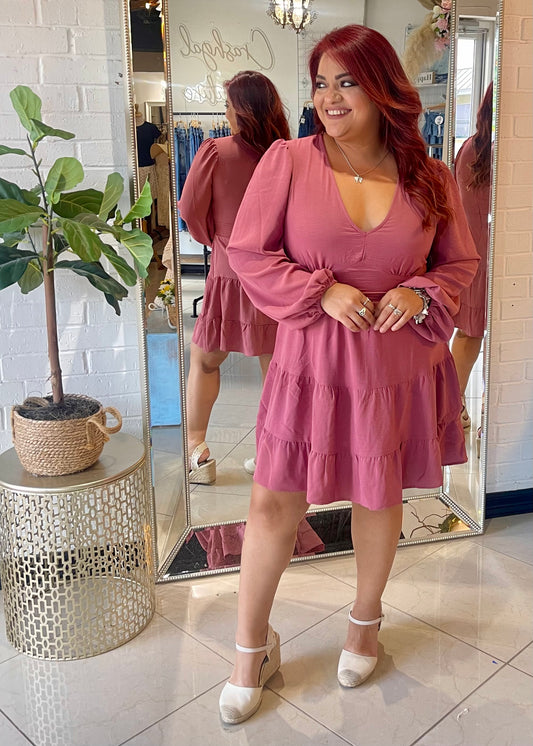 Full Heart Long Sleeve Mini Dress-  Mauve