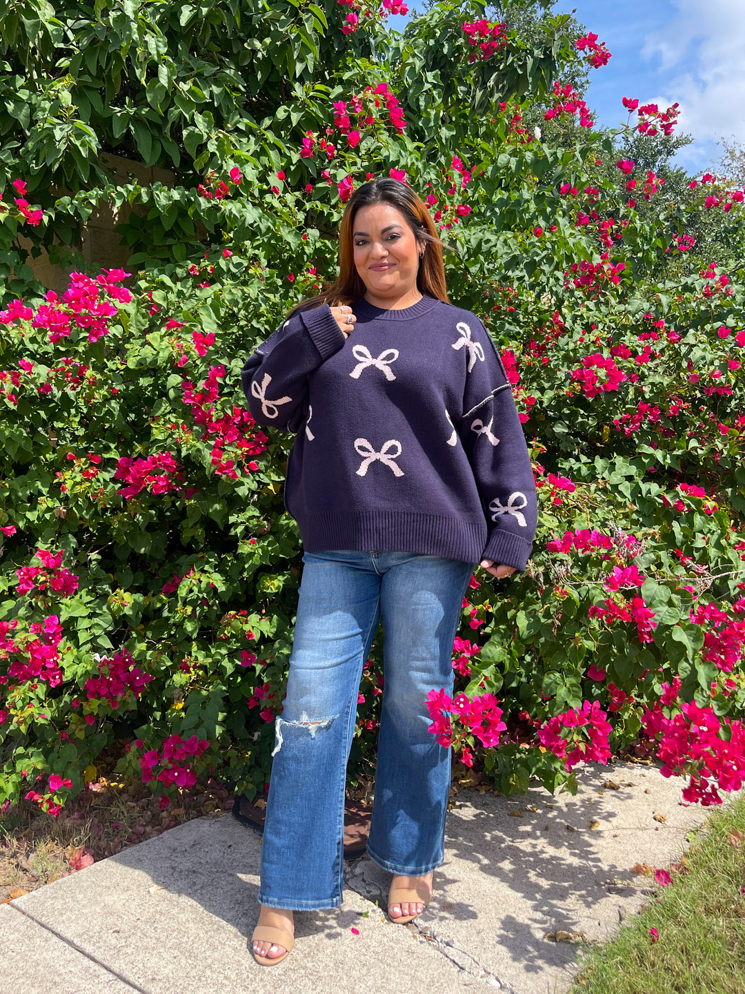 Sweet Sunday Bow Sweater Top - Navy