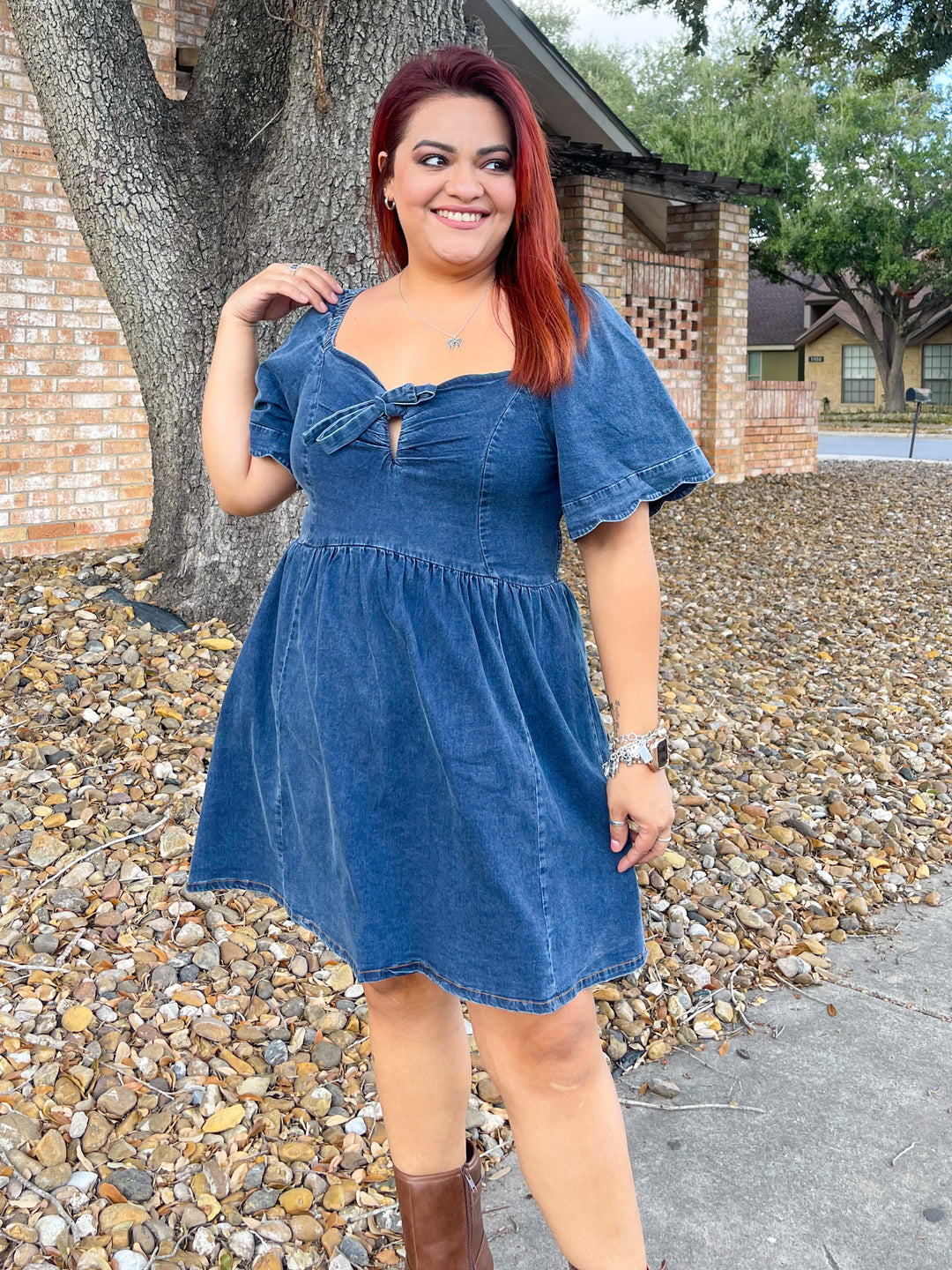 The Deborah Denim Scalloped Mini Dress