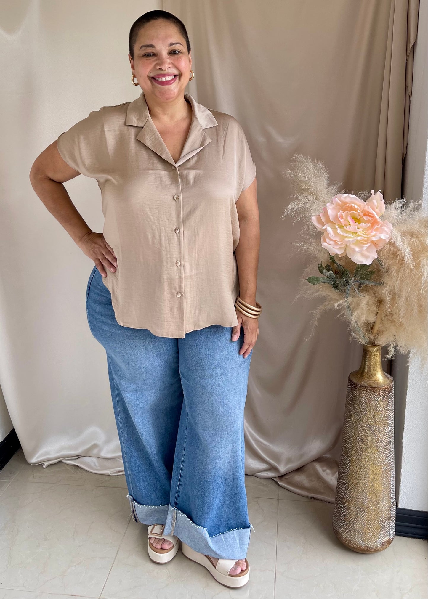 The Sofia Silky Button-Up- Taupe