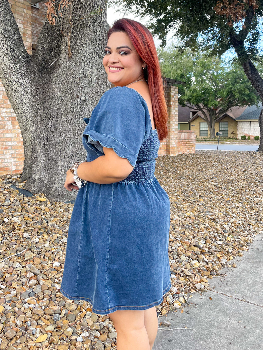 The Deborah Denim Scalloped Mini Dress