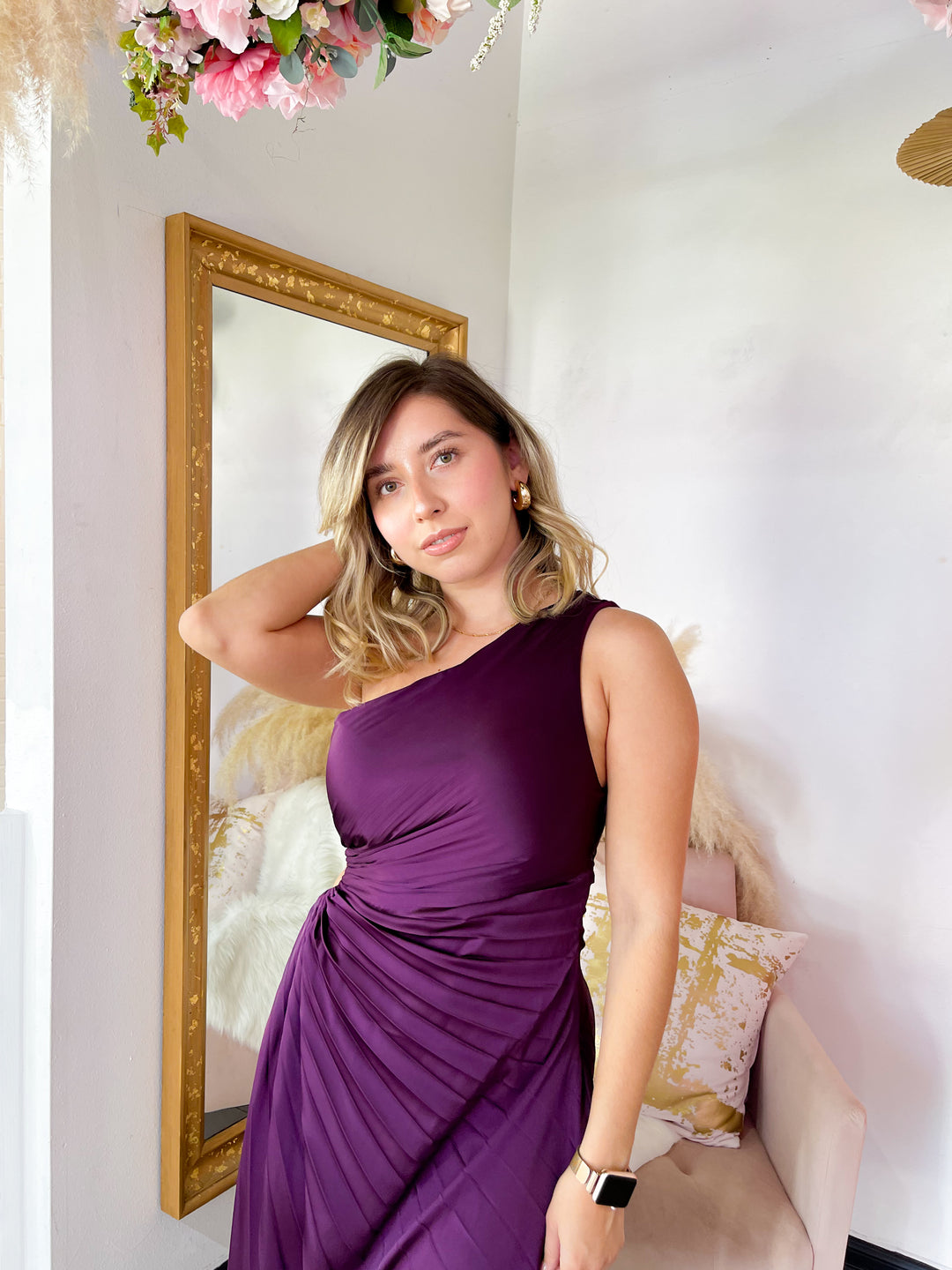 Isn't She Lovely One-Shoulder Pleated Dress - Eggplant