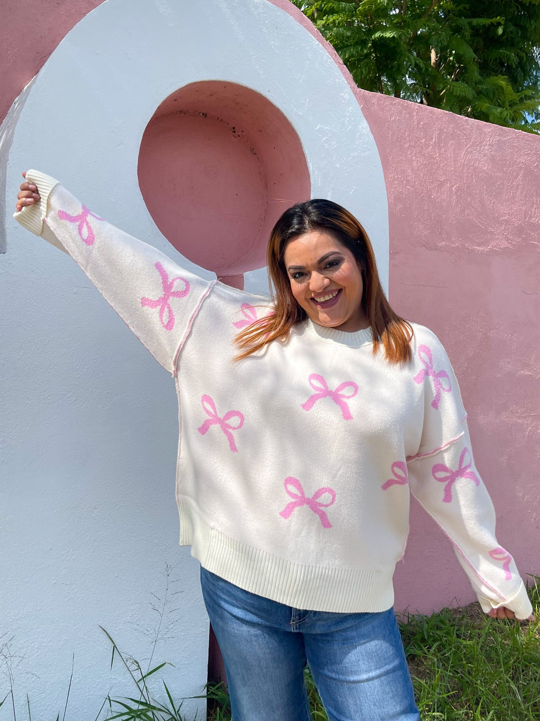 Sweet Sunday Bow Sweater Top - Pink