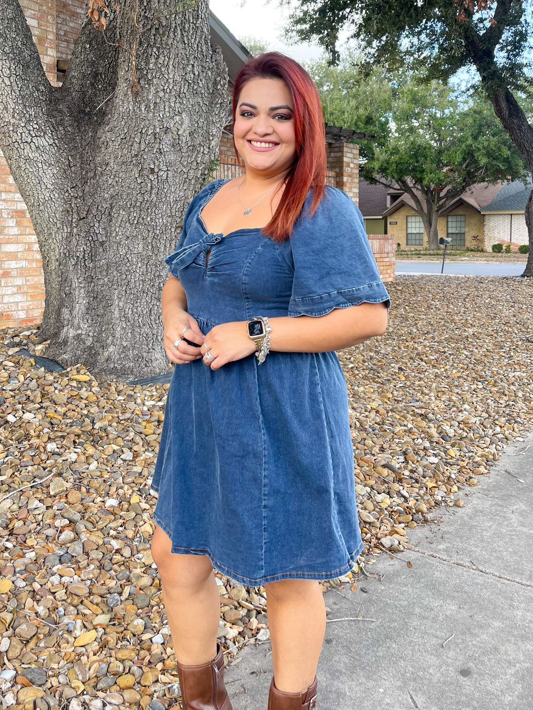 The Deborah Denim Scalloped Mini Dress