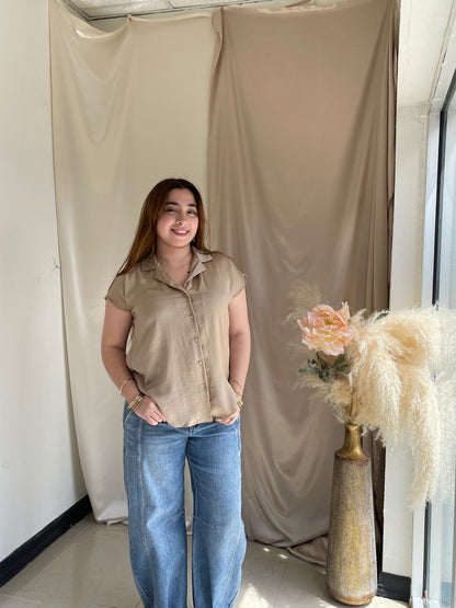 The Sofia Silky Button-Up- Taupe