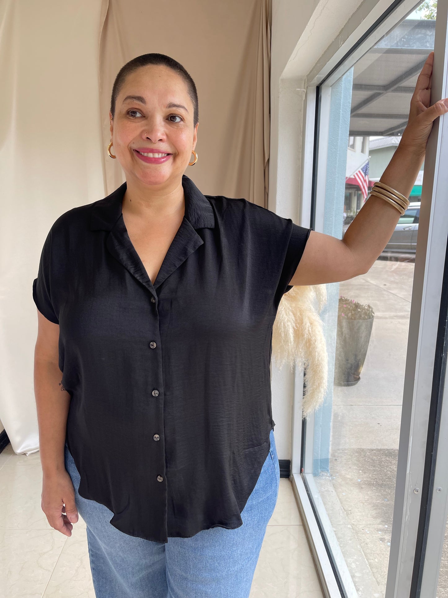 The Sofia Silky Button-Up- Black