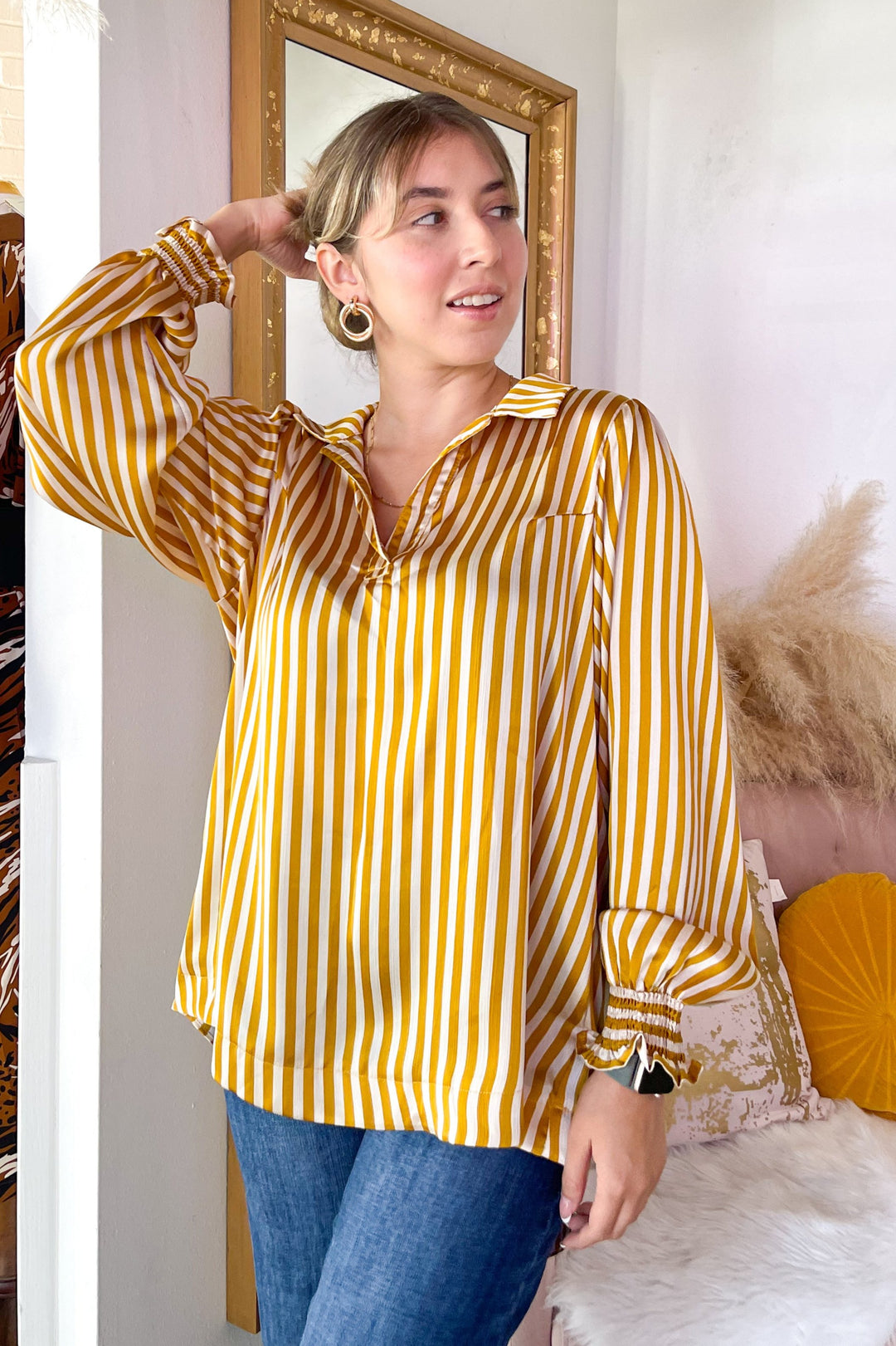 The Kiara Striped Satin Blouse - Mustard