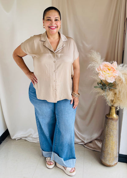 The Sofia Silky Button-Up- Taupe