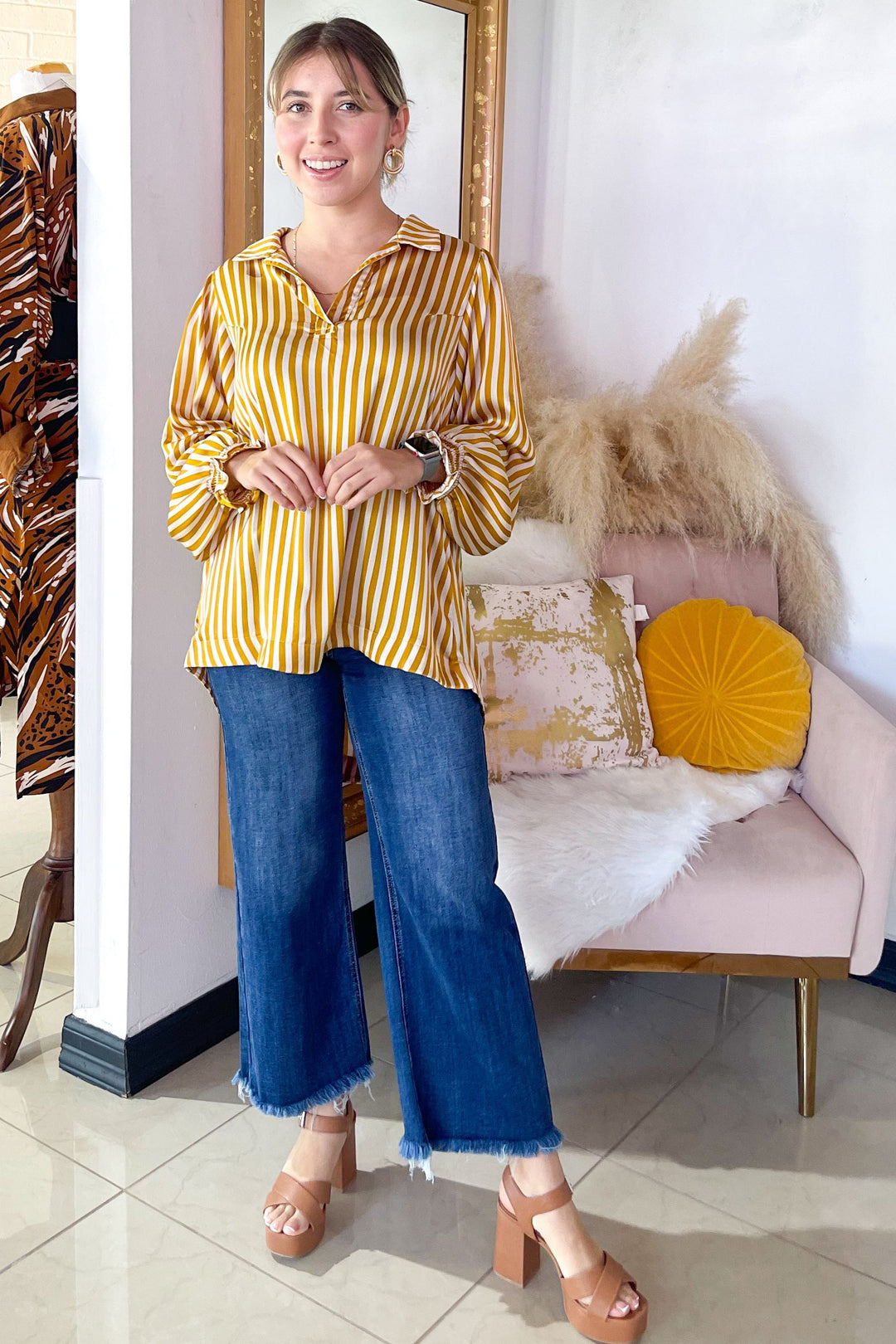 The Kiara Striped Satin Blouse - Mustard