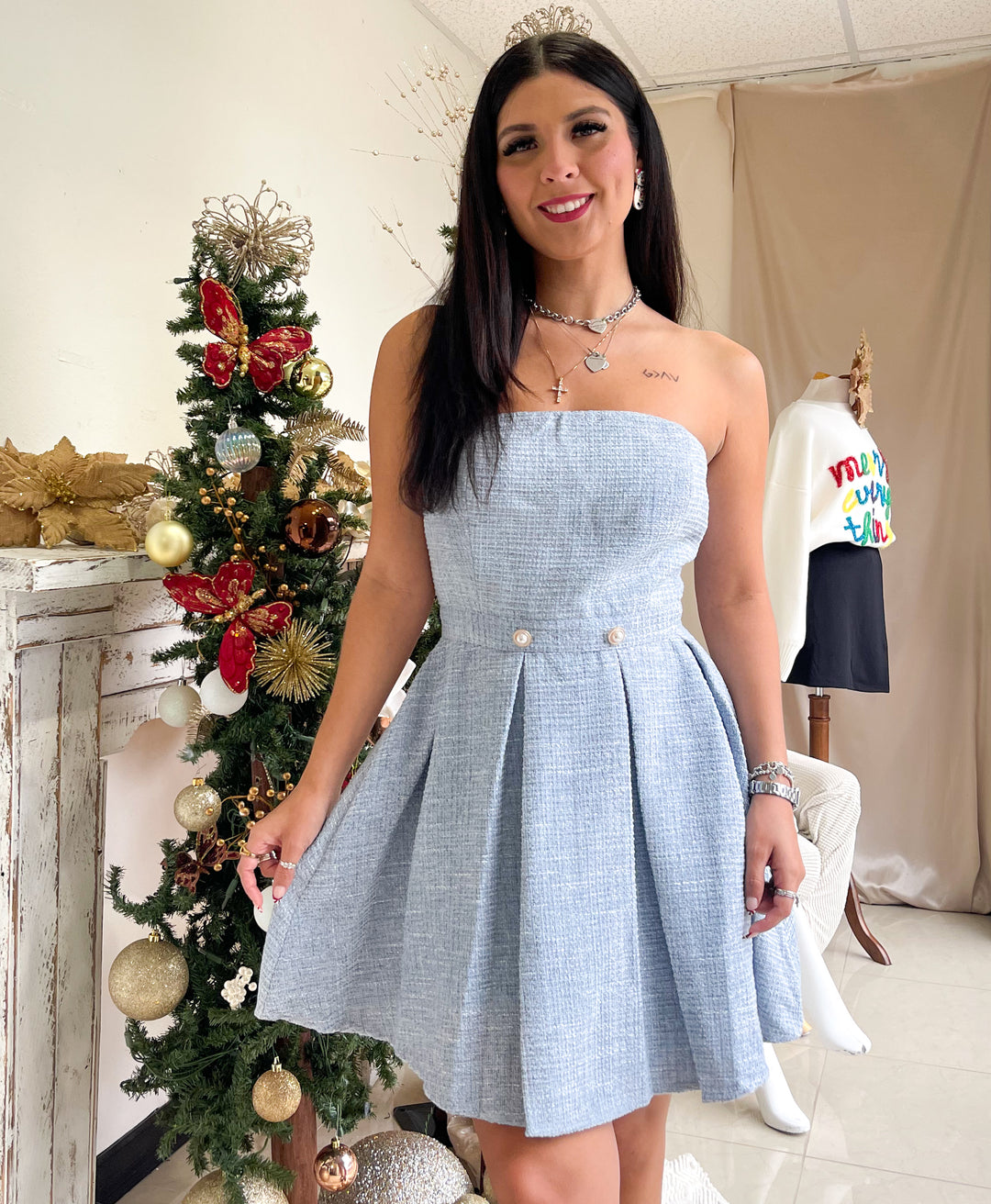 Snow Princess Tweed Mini Dress - Powder Blue