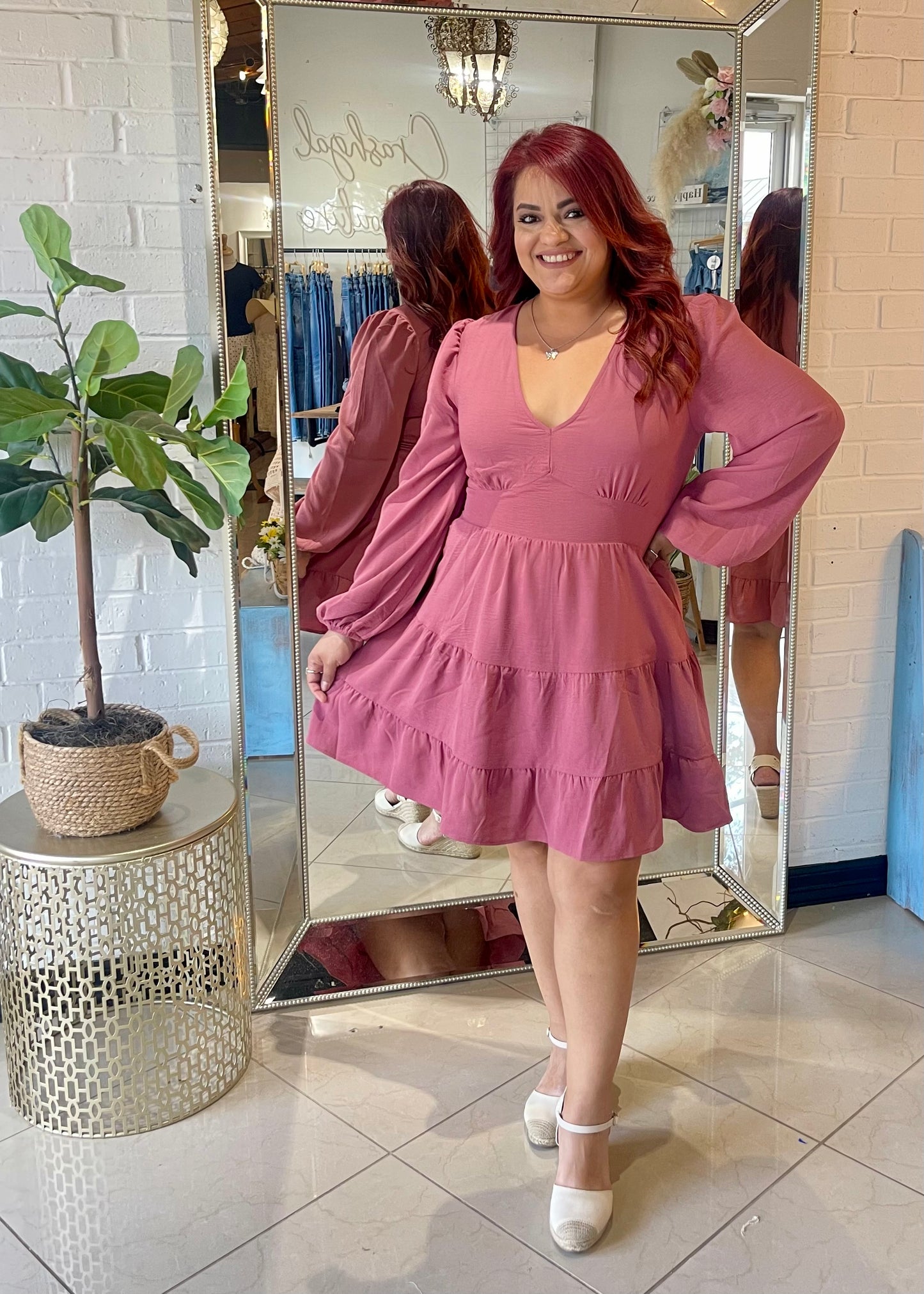Full Heart Long Sleeve Mini Dress-  Mauve