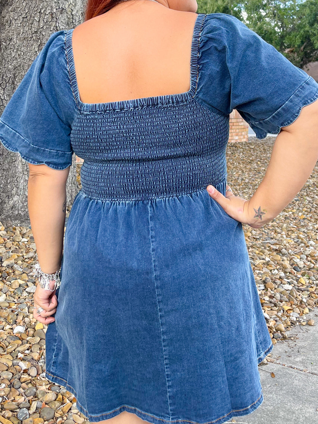 The Deborah Denim Scalloped Mini Dress