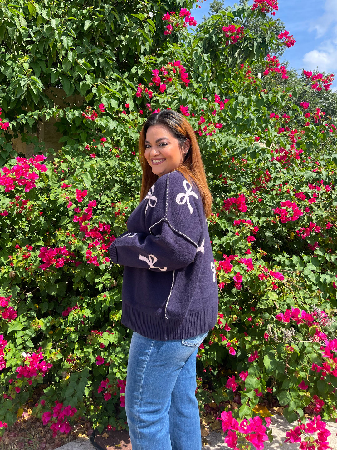 Sweet Sunday Bow Sweater Top - Navy