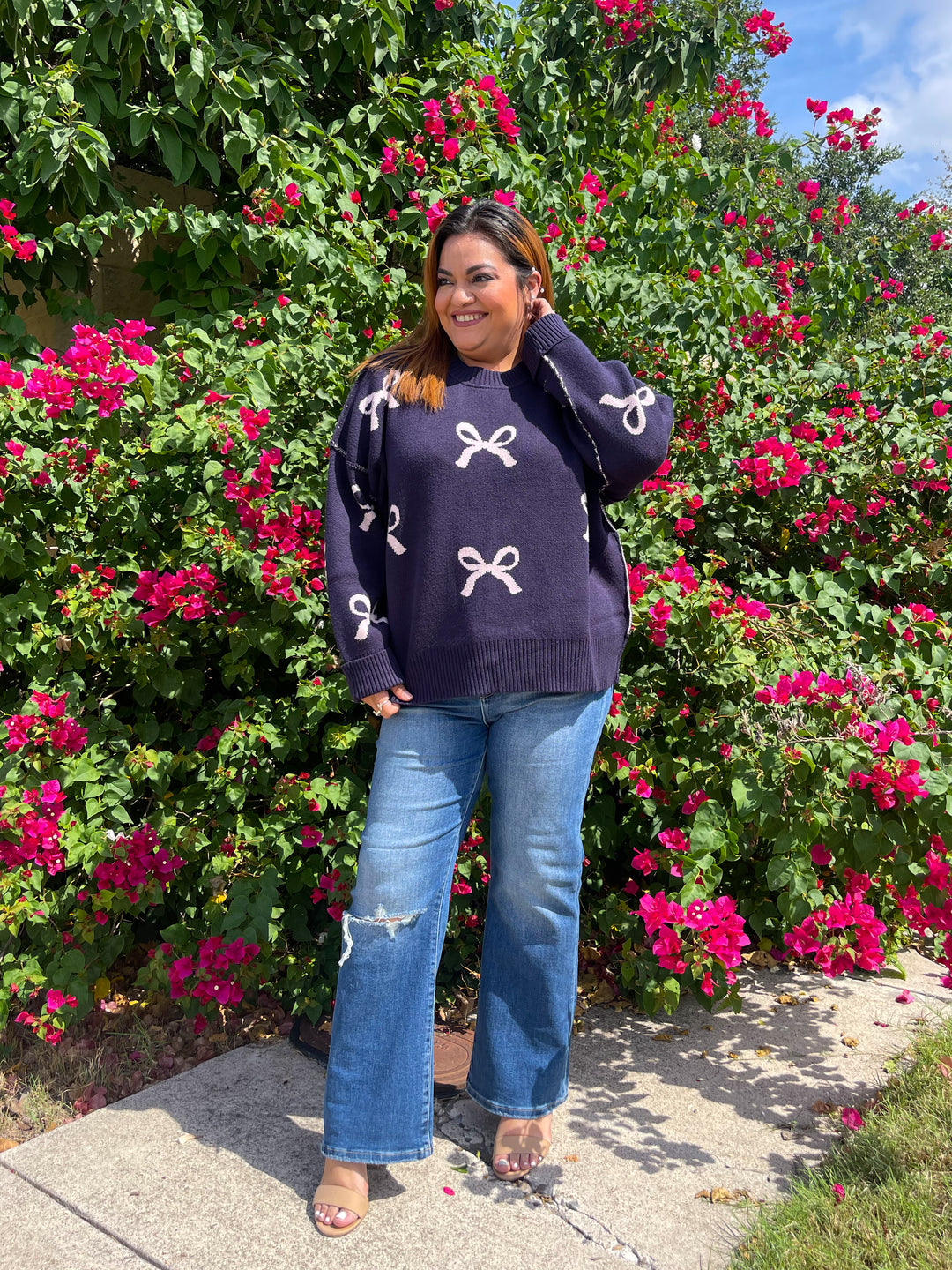 Sweet Sunday Bow Sweater Top - Navy