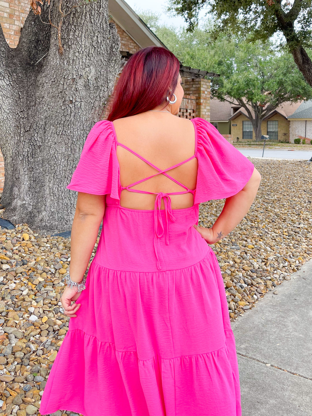 Fit N' Flare Open-Back Midi Dress - Hot Pink