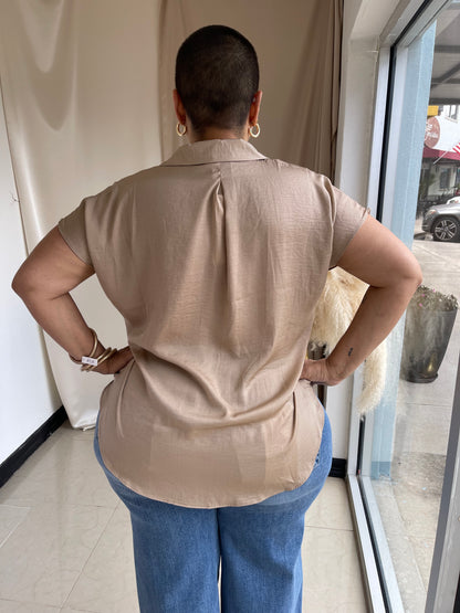The Sofia Silky Button-Up- Taupe