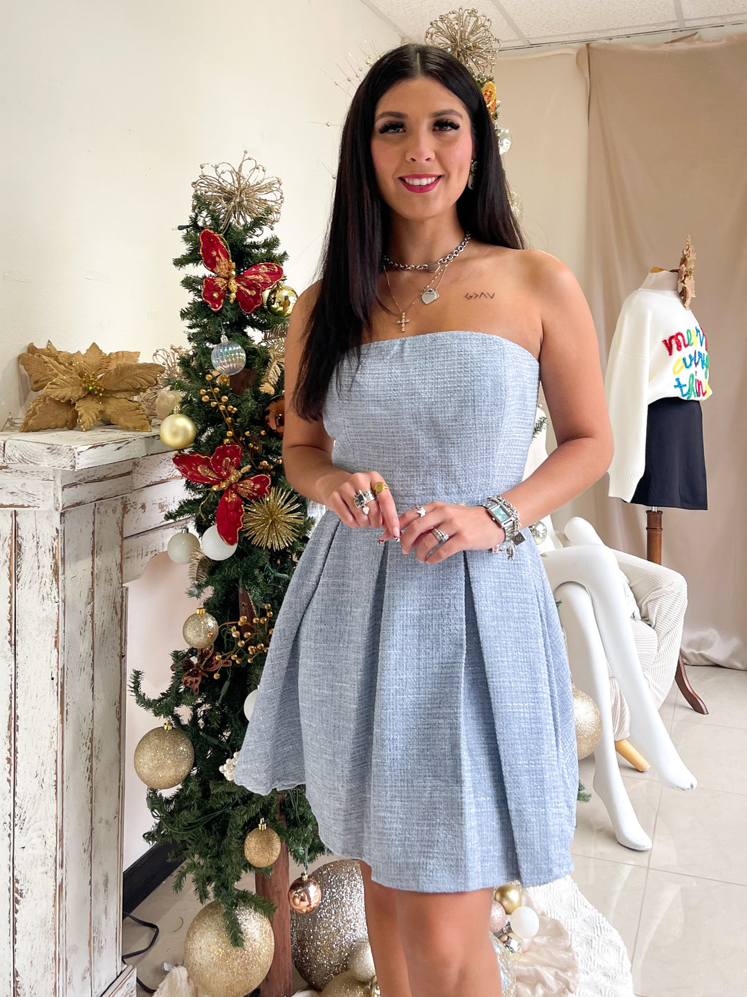 Snow Princess Tweed Mini Dress - Powder Blue