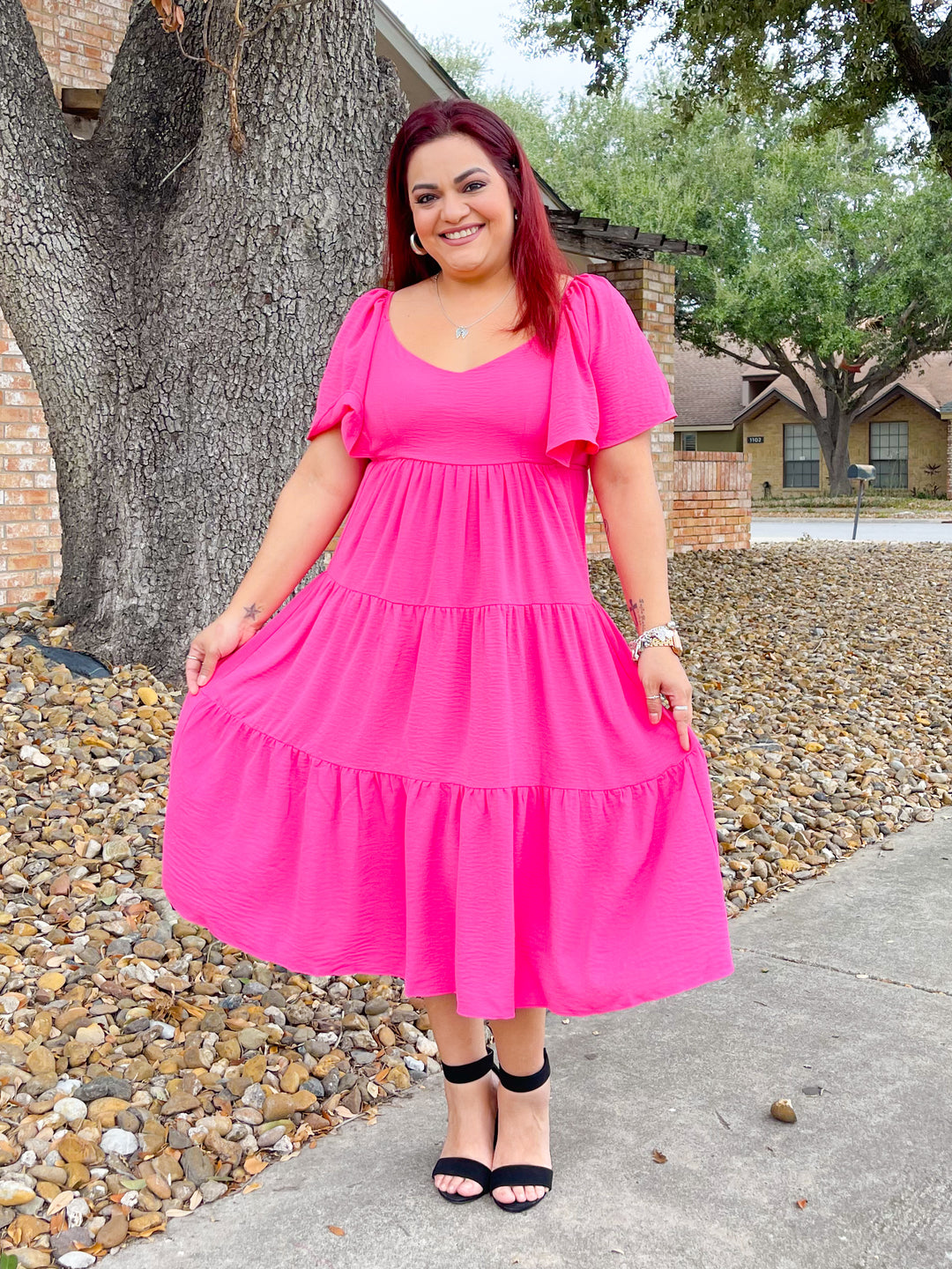 Fit N' Flare Open-Back Midi Dress - Hot Pink