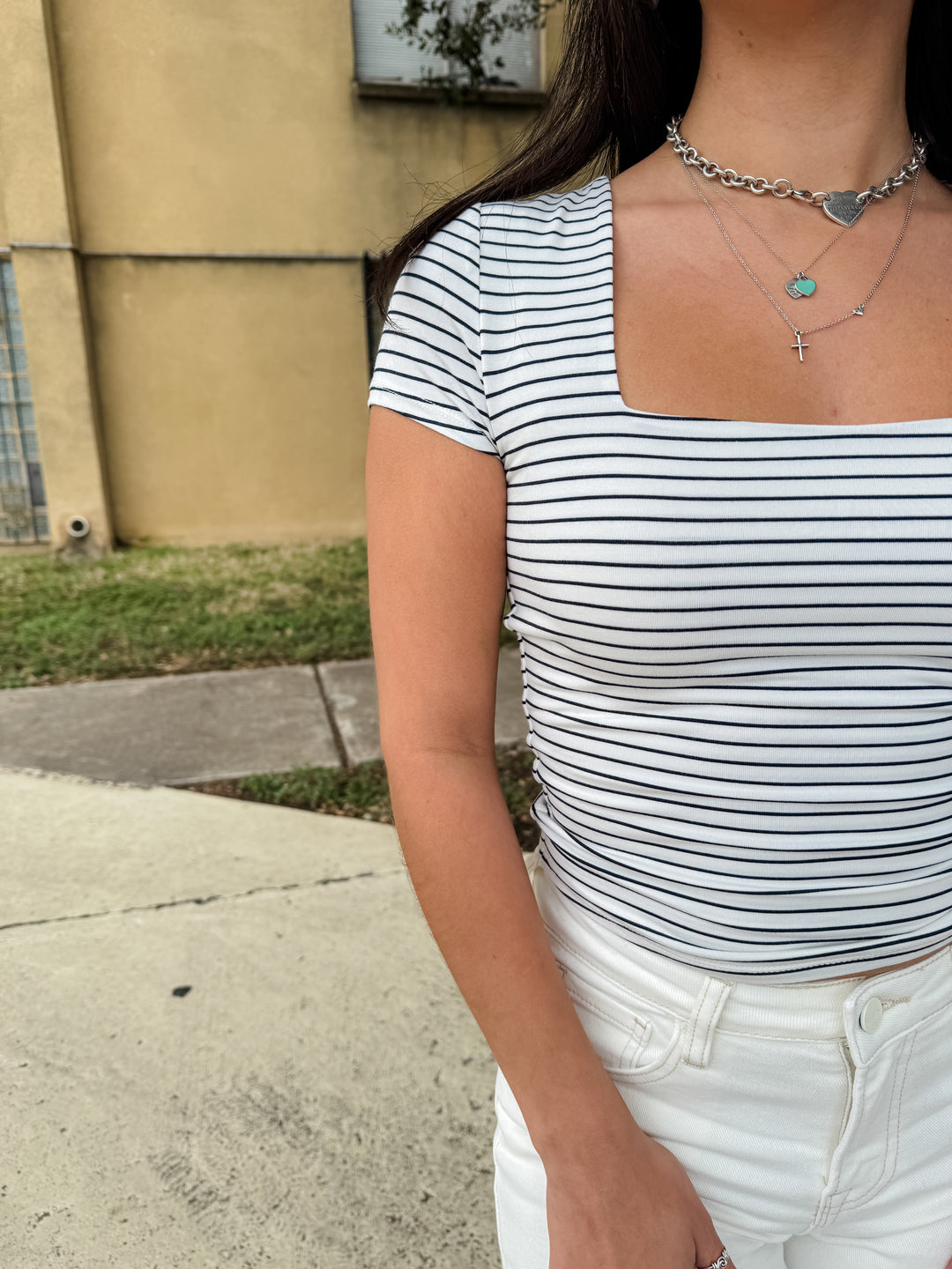 The Stella Square-Neck Striped Tee - Dark Navy