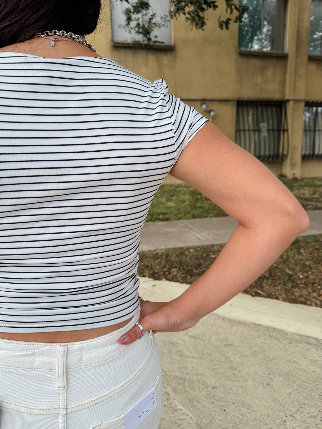 The Stella Square-Neck Striped Tee - Dark Navy