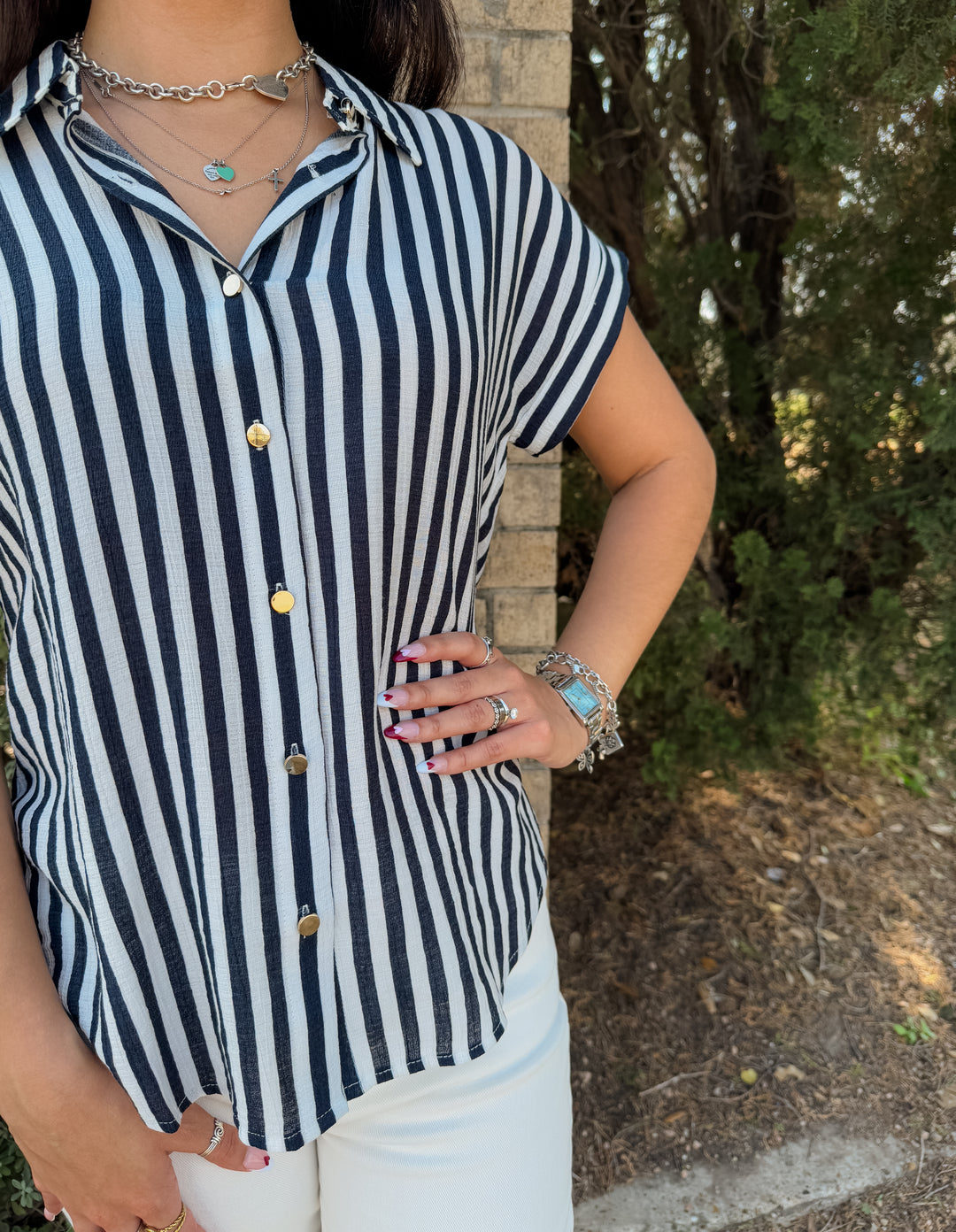 The Carlie Striped Button-Up - Navy